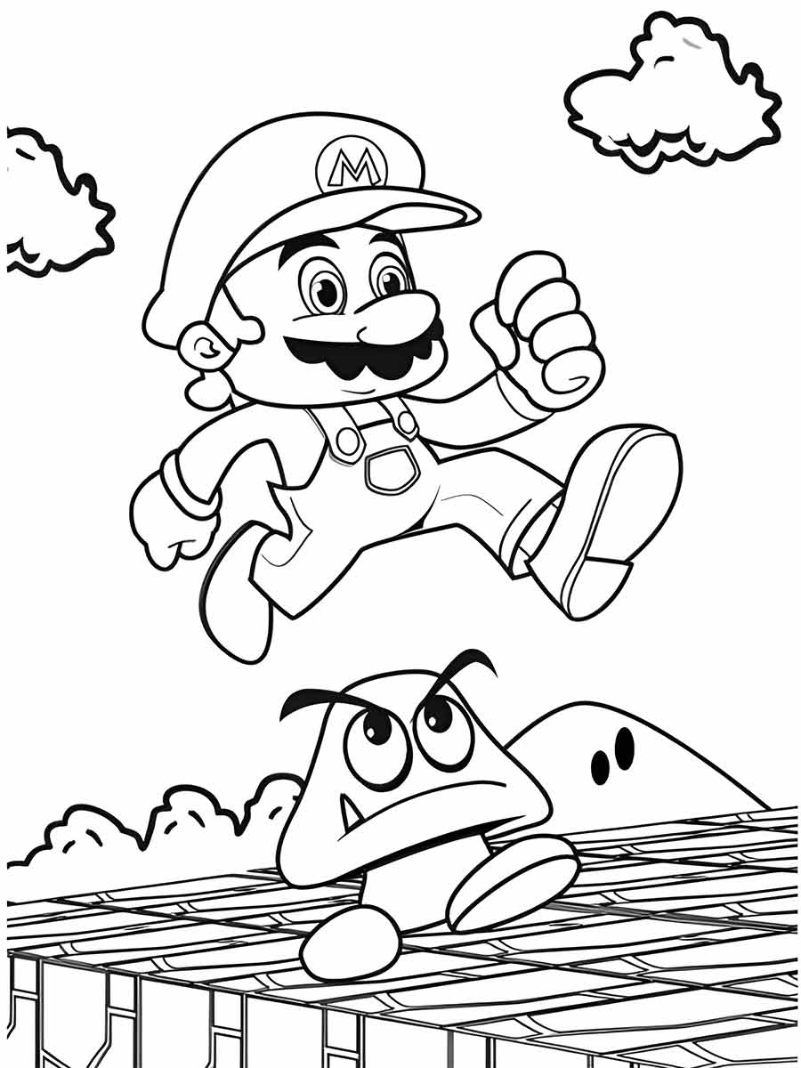 Desenho para colorir de Mario pulando sobre um Goomba.