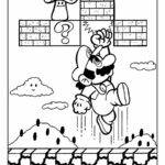 Desenho para colorir de Mario pulando em um cenário do jogo Super Mario Bros.