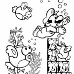 Desenho para colorir de Mario e peixes no fundo do mar