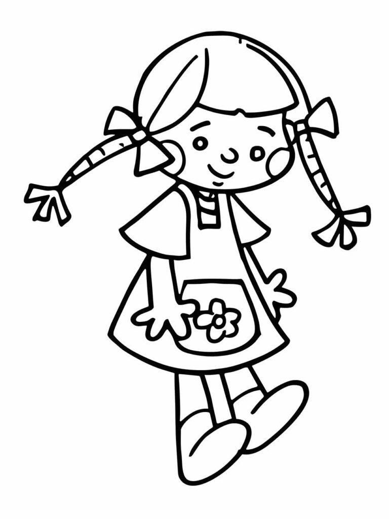 Desenho para colorir de uma menina com tranças, vestido com bolso e flor, e sapatos de boneca.