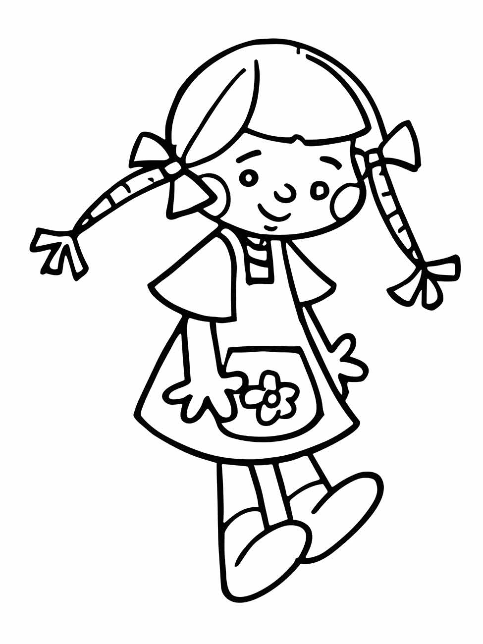 Desenho para colorir de uma menina com tranças, vestido com bolso e flor, e sapatos de boneca.