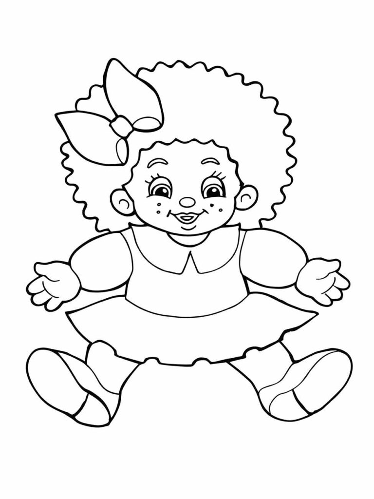 Desenho para colorir de uma boneca alegre com cabelo afro e laço grande, vestido e sapatos.