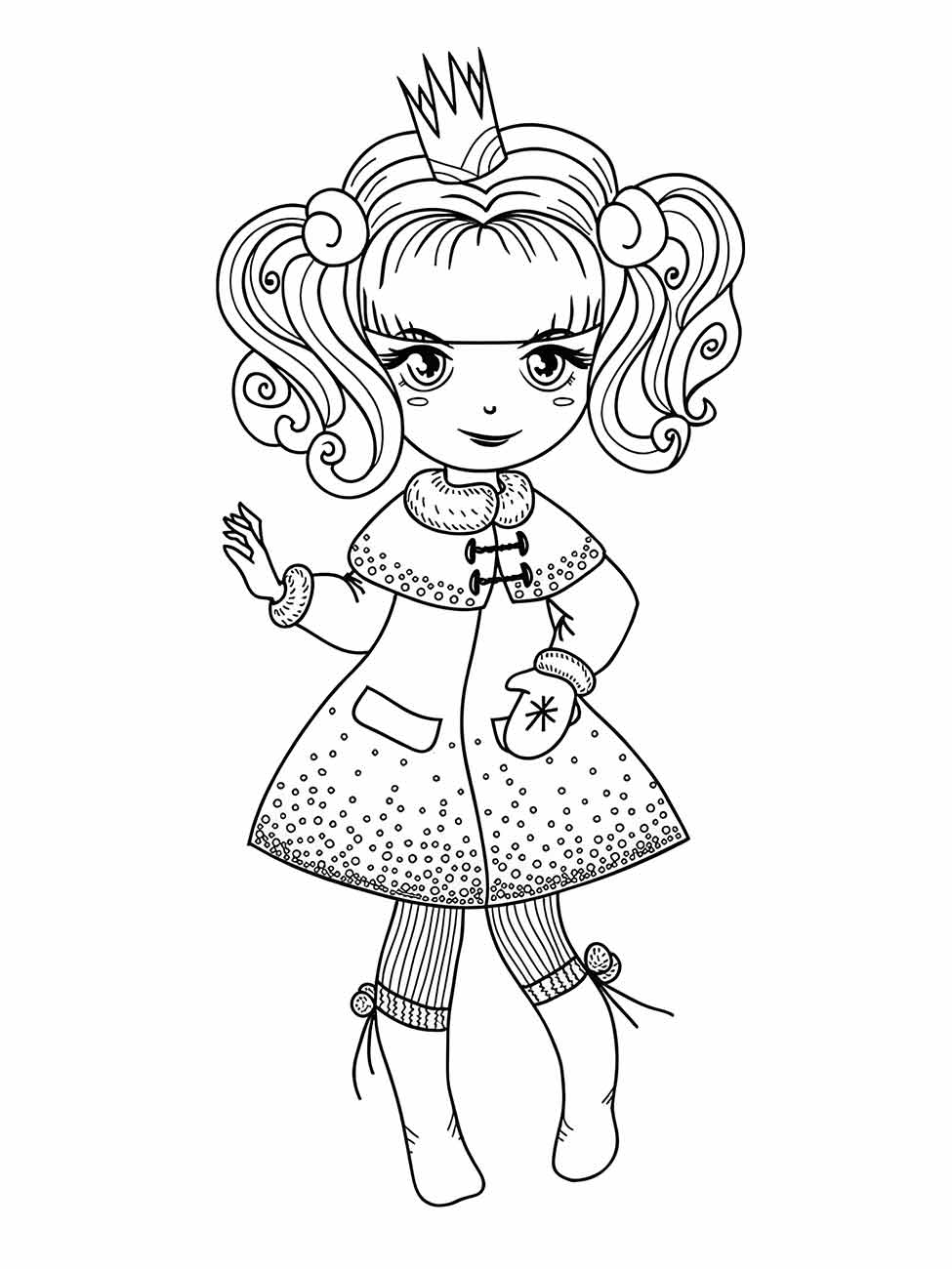 Desenho para colorir de uma princesa com cabelo cacheado, coroa, vestido pontilhado e botas.