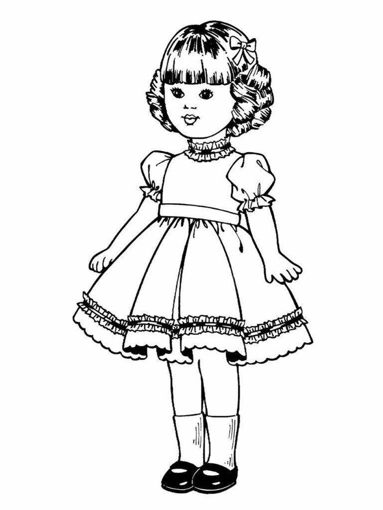 Desenho para colorir de uma boneca com cabelo curto e franja, vestido e sapatos de boneca.