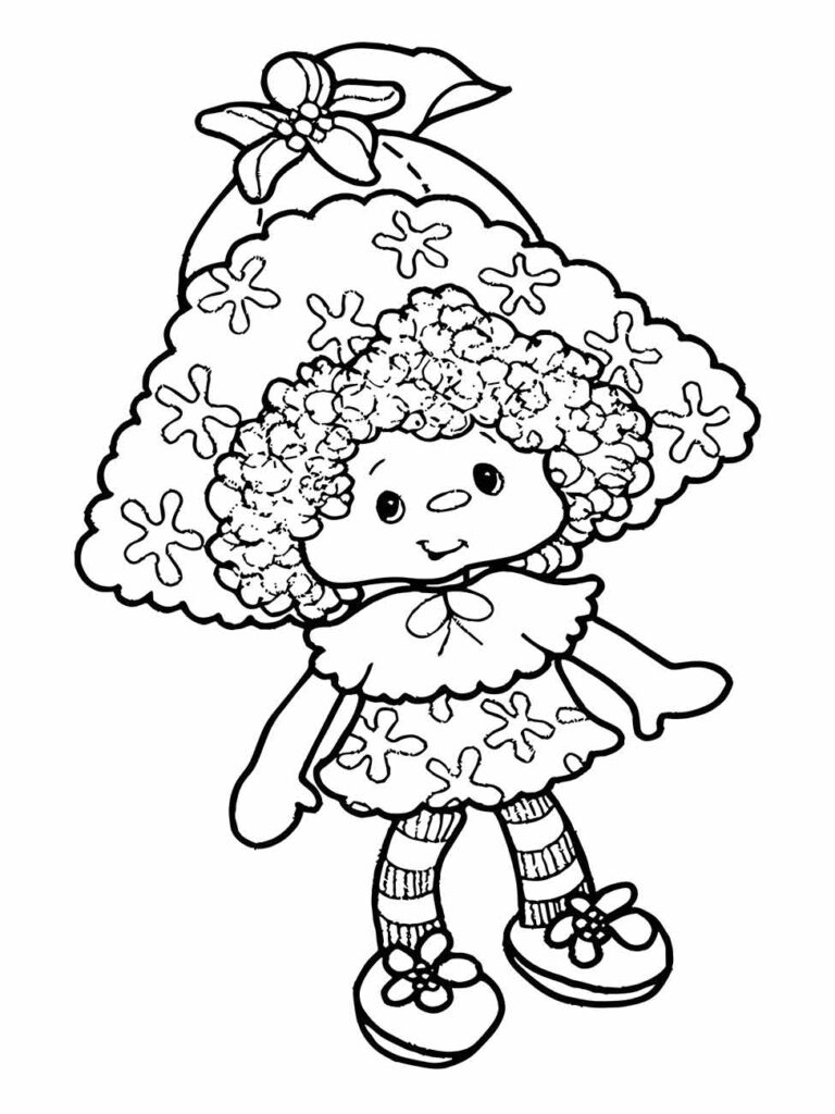 Desenho para colorir de uma boneca com cabelo afro, vestido e meias decoradas, e um laço na cabeça com uma flor.