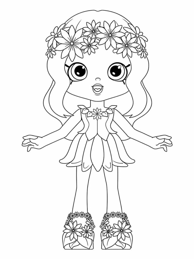 Desenho para colorir de uma boneca com guirlanda de flores na cabeça, vestido de pétalas e sapatos floridos.