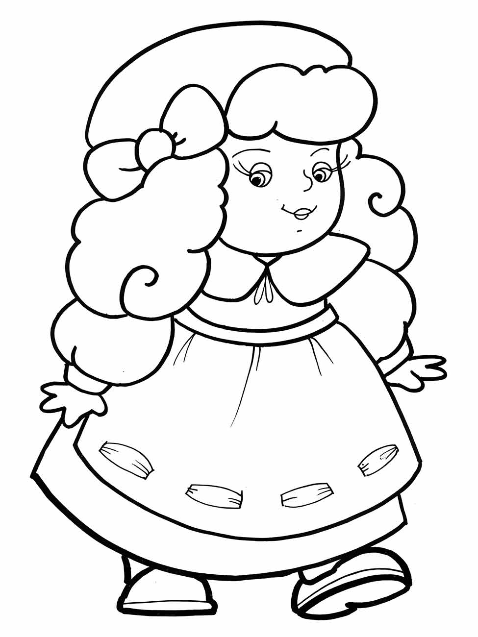 Desenho para colorir de uma boneca com cabelo volumoso e encaracolado, vestido e sapatos clássicos.