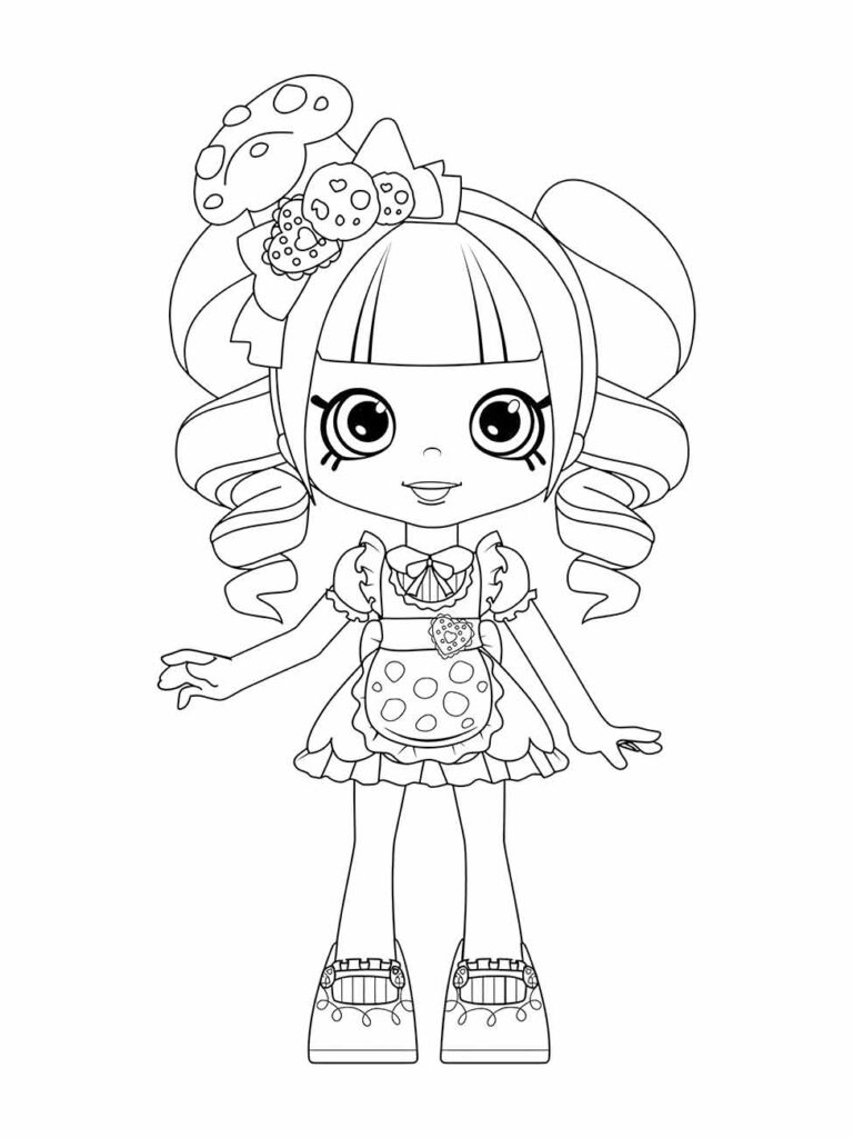 Desenho para colorir de uma boneca estilizada com laços grandes, vestido de bolinhas e sapatos com plataforma.