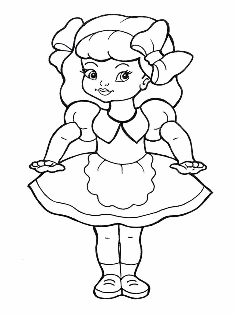 Desenho para colorir de uma boneca com laços nos cabelos volumosos, vestido e sapatilhas.