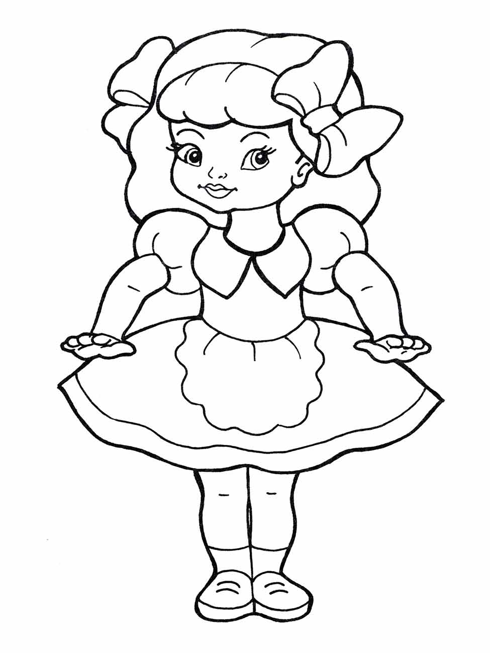 Desenho para colorir de uma boneca com laços nos cabelos volumosos, vestido e sapatilhas.