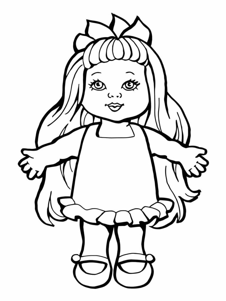 Desenho para colorir de uma boneca com cabelo longo e laço, vestido com babados e sapatos de boneca.