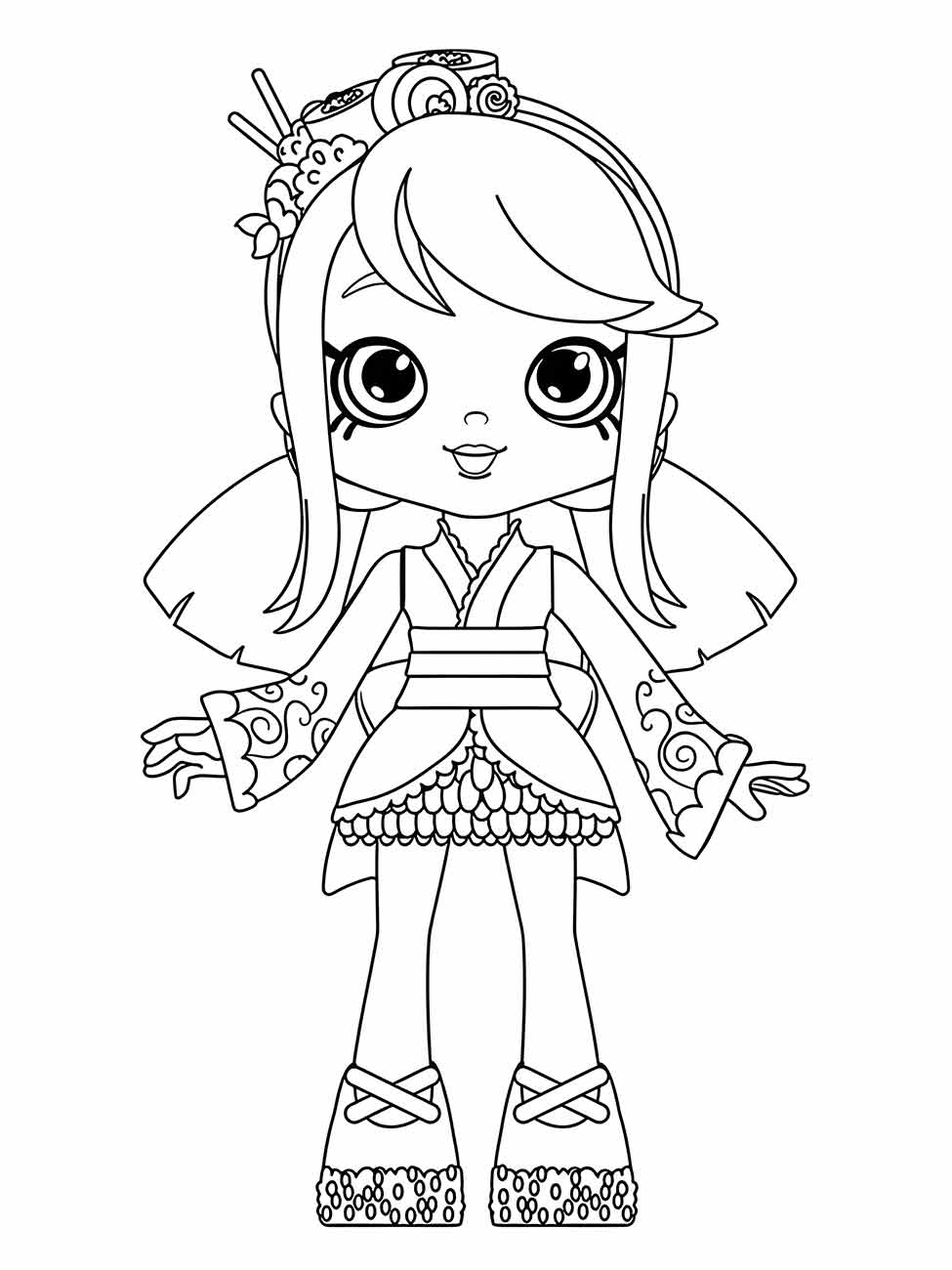 Desenho para colorir de uma boneca estilizada com vestido de kimono, adereços florais no cabelo e plataformas decoradas.