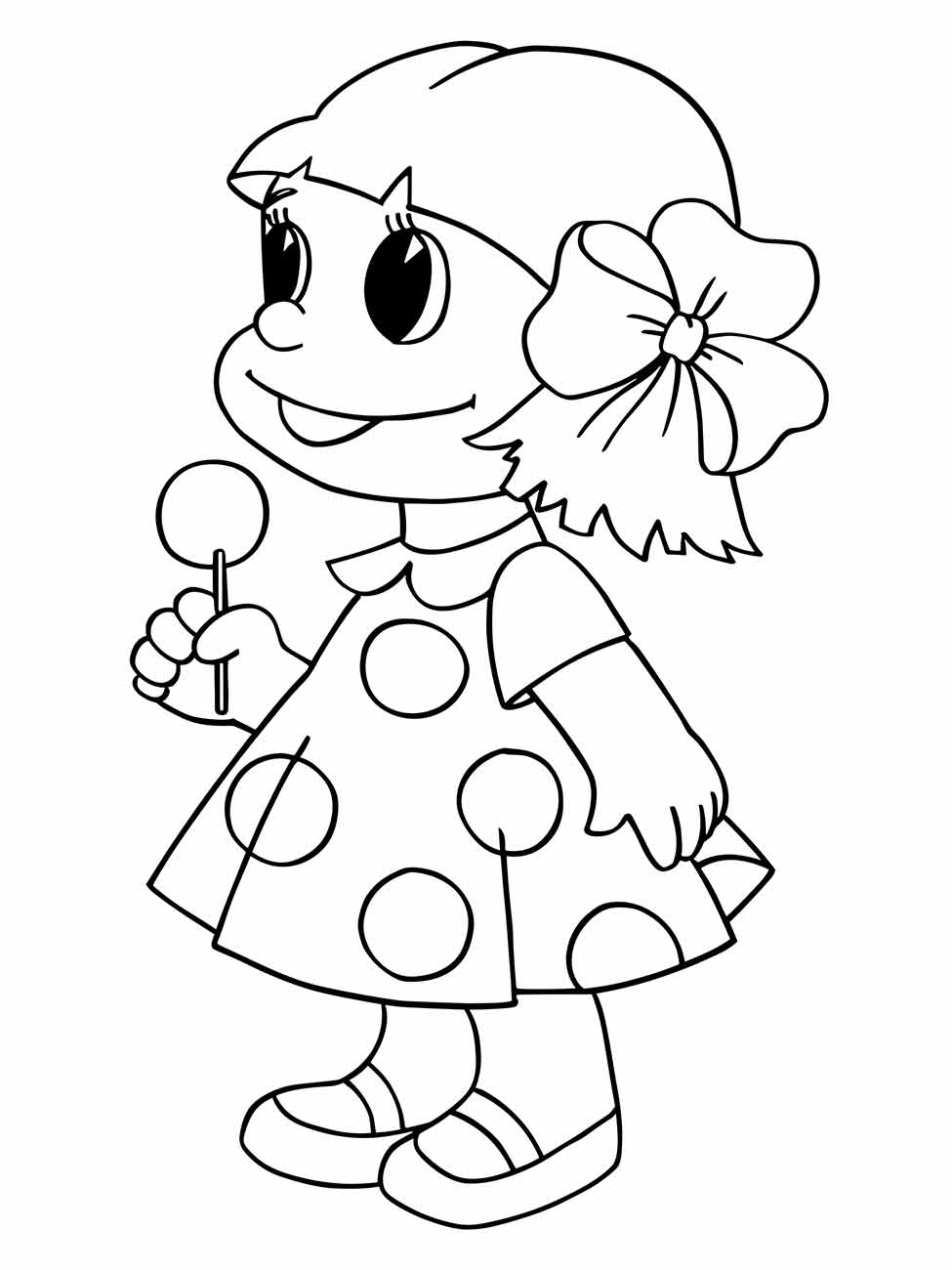 Desenho para colorir de uma boneca com flor no cabelo e vestido de bolinhas, segurando um pirulito.