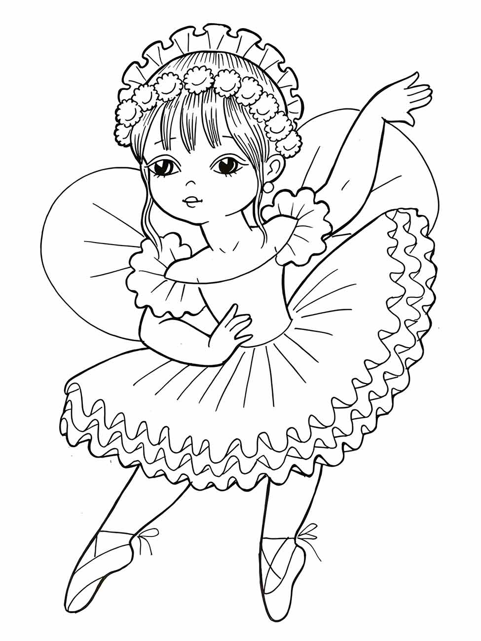 Desenho para colorir de uma bailarina com asas de borboleta, coroa de flores e sapatilhas de ponta.