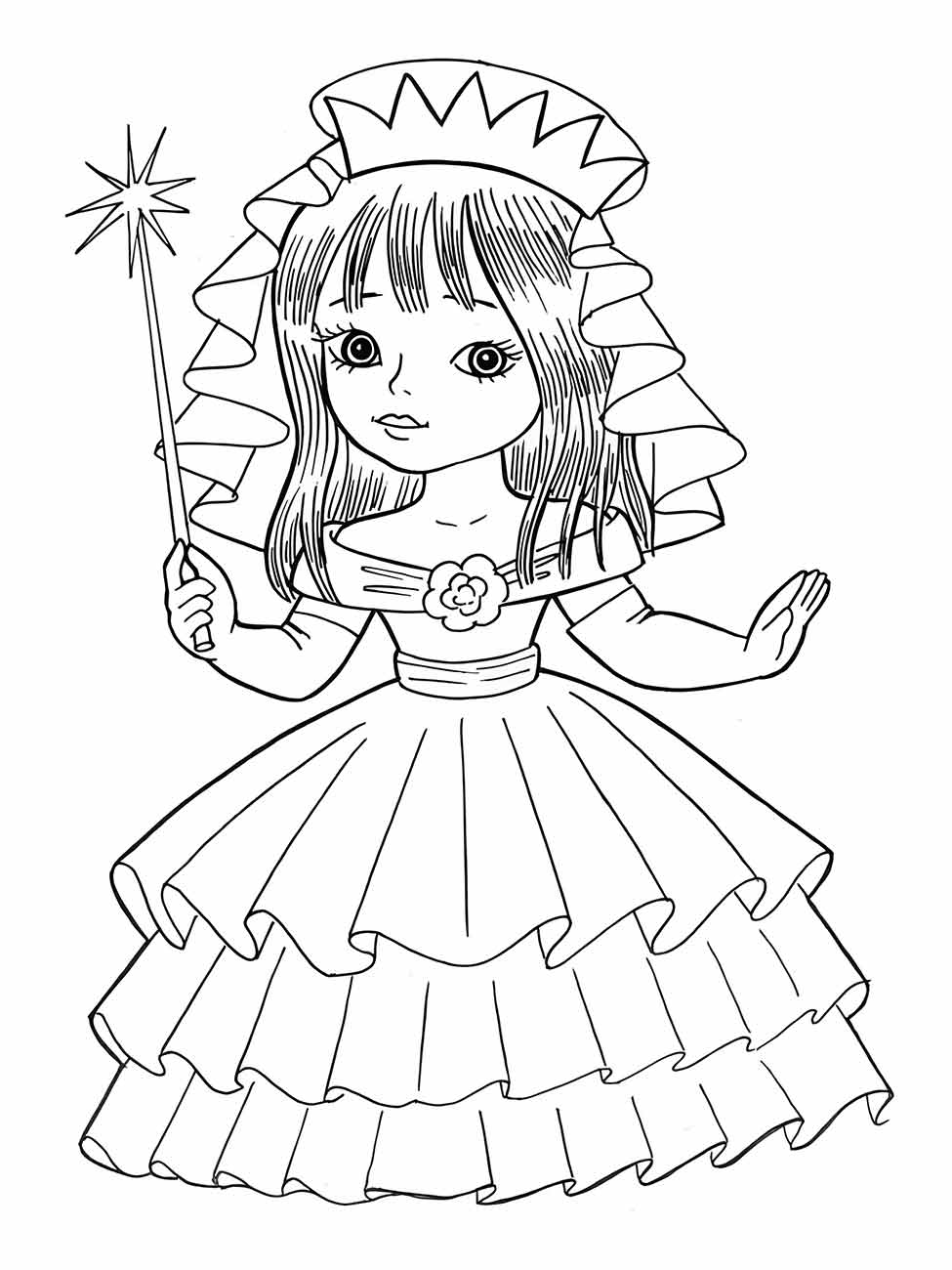 Desenho para colorir de uma princesa com varinha mágica, coroa e vestido com babados.