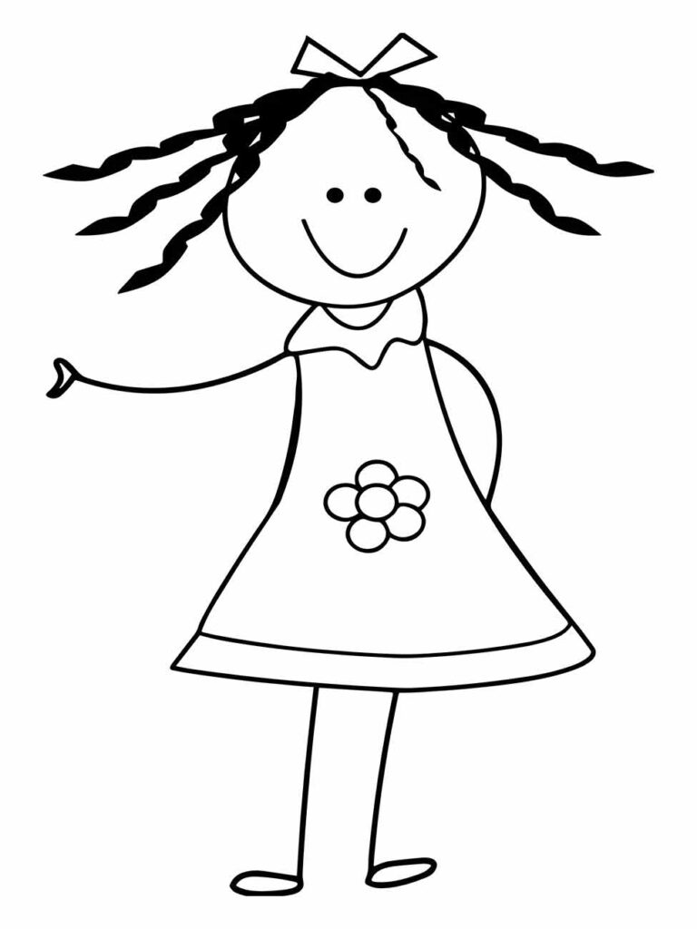 Desenho para colorir de uma menina simplificada com vestido, cabelo com tranças e uma flor no vestido.