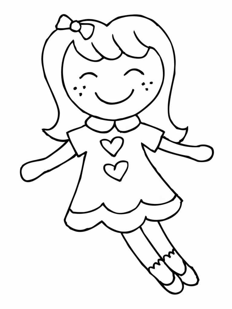 Desenho para colorir de uma menina feliz com laço no cabelo, vestido com coração e meias franzidas.