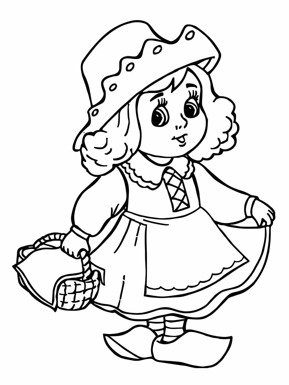 Desenho para colorir de uma menina com chapéu, segurando uma cesta e vestindo um vestido de camponesa.