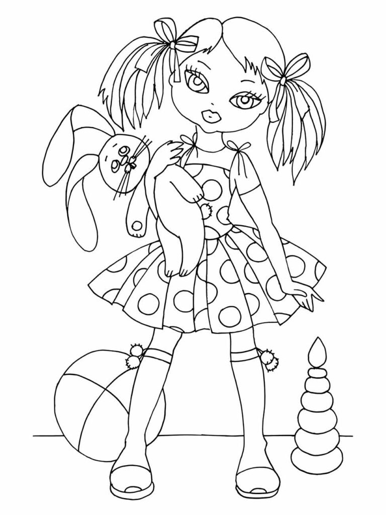 Desenho para colorir de uma menina com laços e coelhinho de pelúcia, vestido de bolinhas e bola ao lado.