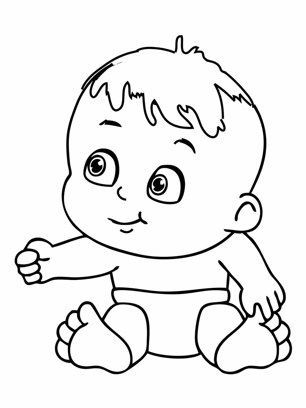 Desenho para colorir de um bebê sentado com expressão atenta e fralda.