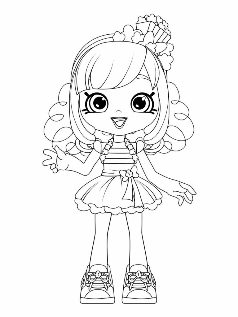 Desenho para colorir de uma boneca com grandes olhos, vestido curto, e tênis.