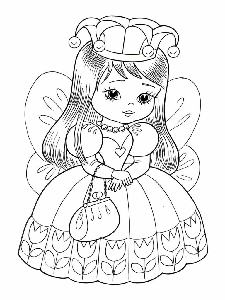 Desenho para colorir de uma boneca estilo princesa, com coroa, vestido longo decorado com flores e uma bolsa.