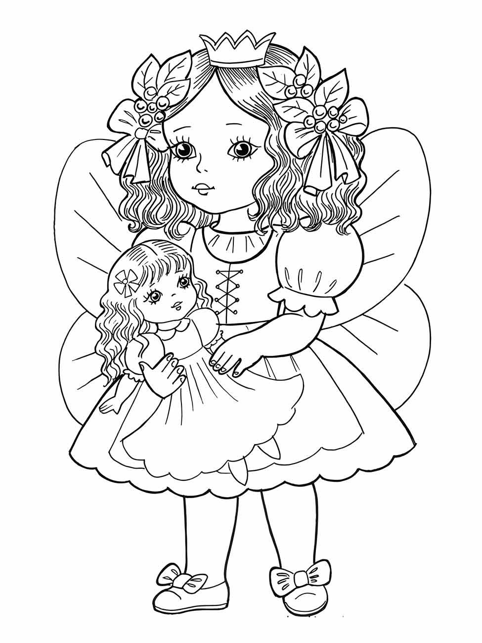 Desenho para colorir de uma fada com asas e coroa, segurando uma boneca menor, ambas com vestidos e detalhes florais.