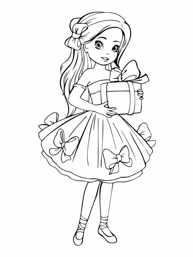 Desenho para colorir de uma menina com vestido decorado com laços e segurando um presente, com sapatos de balé.