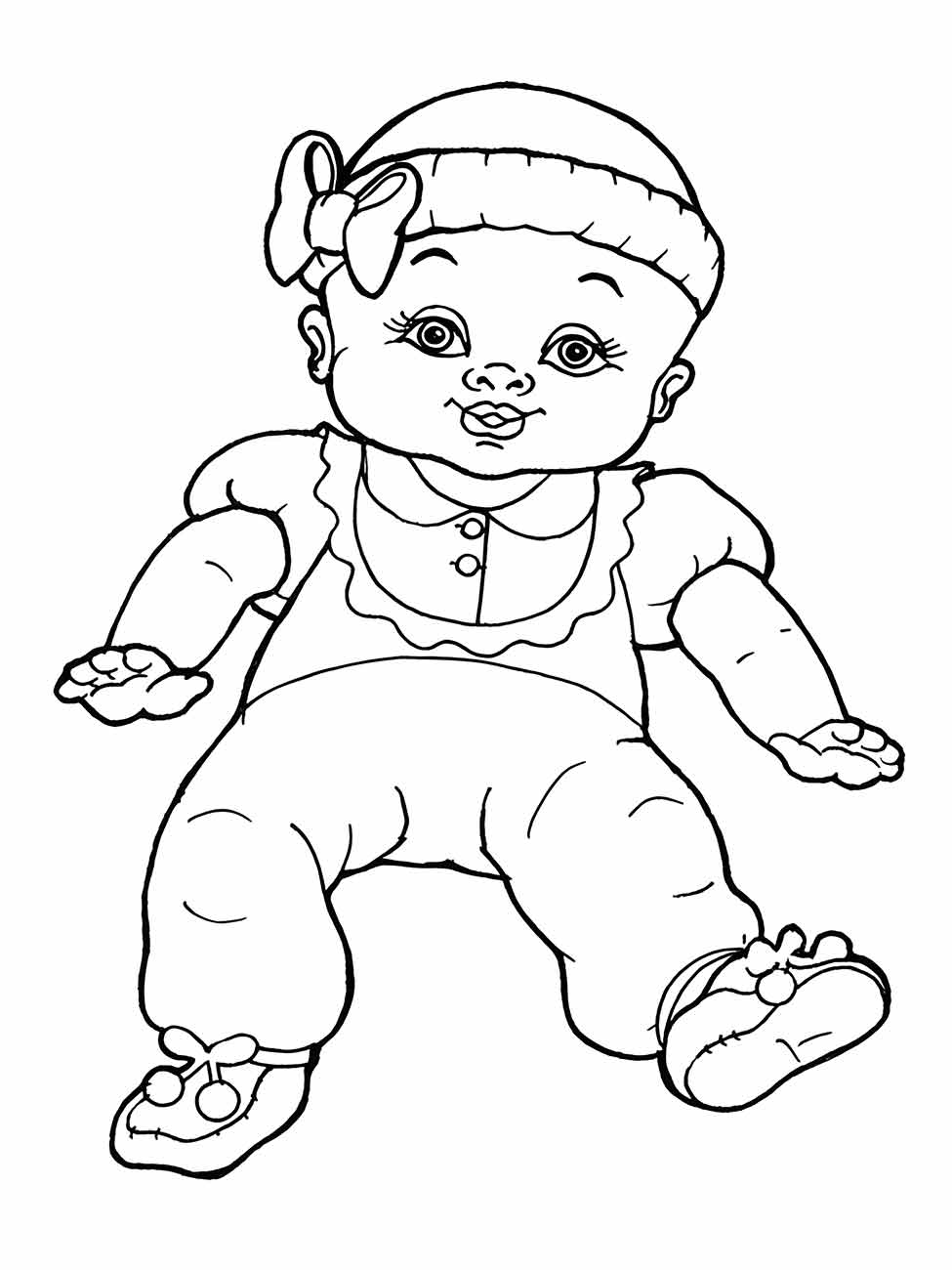 Desenho para colorir de uma boneca bebê com uma faixa na cabeça e sapatinhos, sentado e sorrindo.