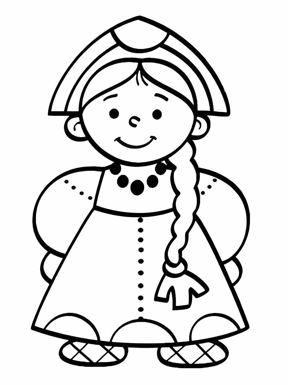 Desenho para colorir de uma boneca com vestido e gorro estilo holandês, com trança lateral e expressão contente.