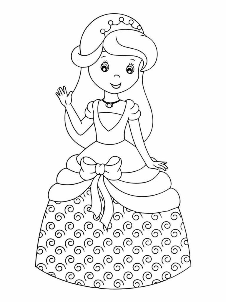 Desenho para colorir de uma princesa com coroa, vestido longo e um laço na cintura, acenando.