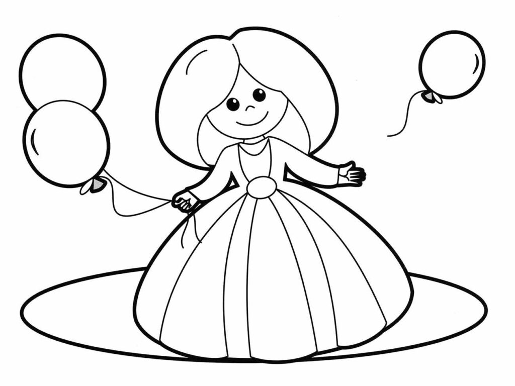 Desenho para colorir de uma boneca com um vestido largo e redondo, segurando balões, com um sorriso simples.