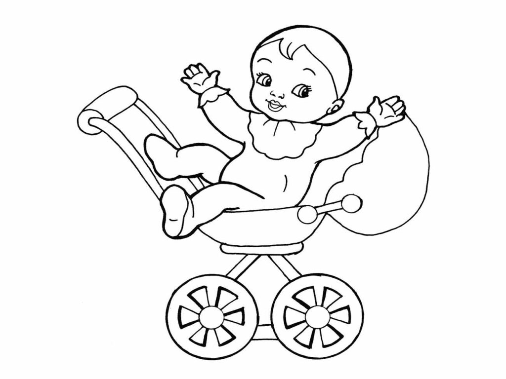 Desenho para colorir de uma boneca bebê feliz em um carrinho de de boneca, acenando com as mãos.