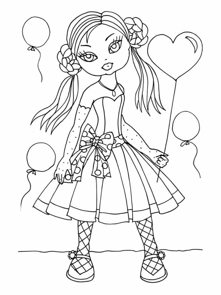 Desenho para colorir de uma boneca estilizada com tranças, vestido rodado e meias em xadrez, segurando um balão em forma de coração.