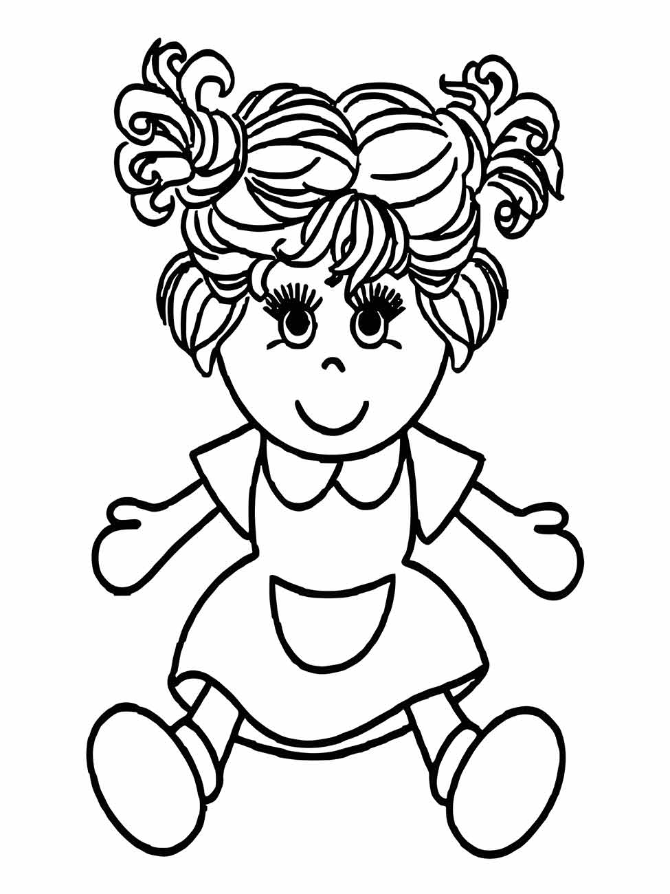 Desenho para colorir de uma boneca de pano sorridente com cabelo cacheado, vestido e sapatos.