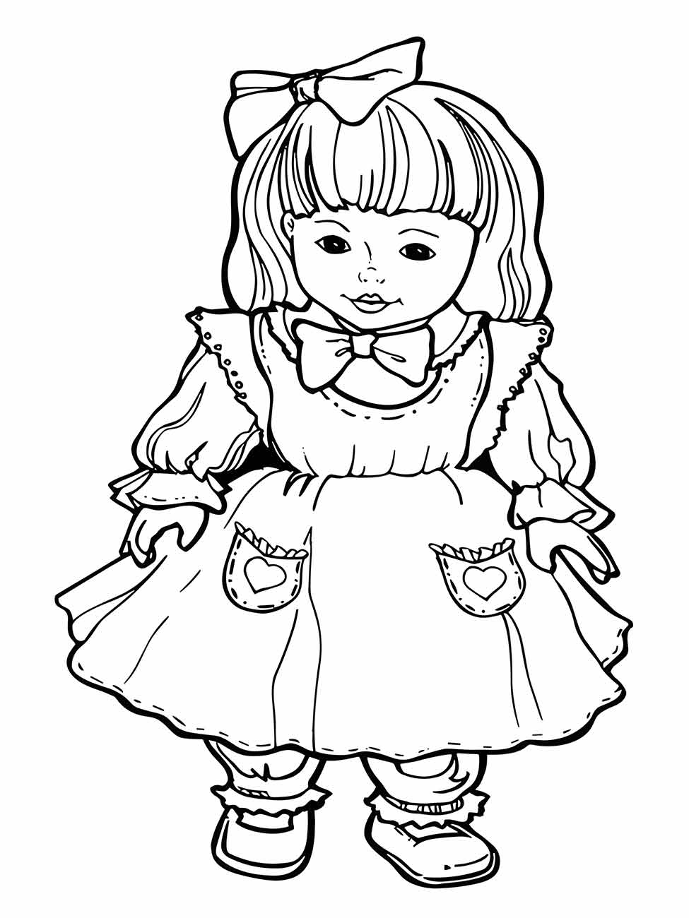 Desenho para colorir de uma boneca com vestido, sapatos, laço no cabelo.