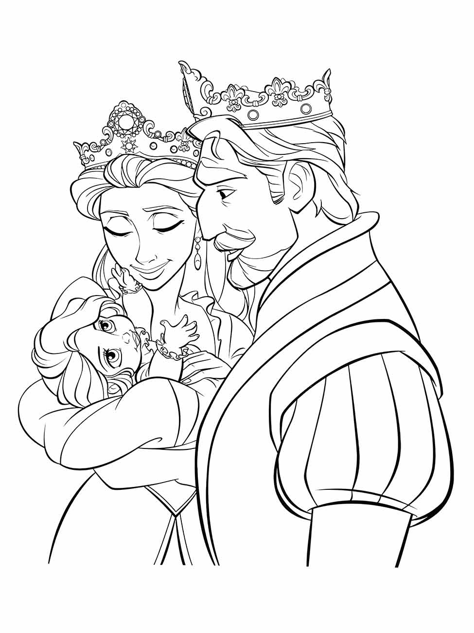 Desenho para colorir de Rapunzel bebê, com o rei e a rainha, todos com trajes de época.