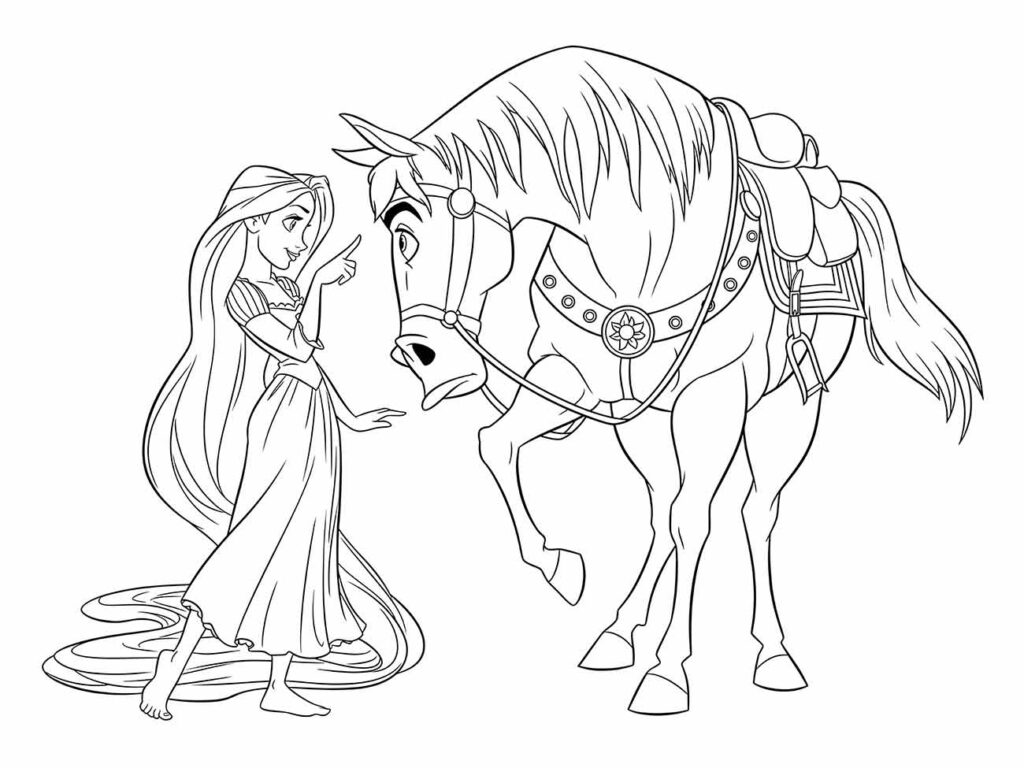 Desenho para colorir de Rapunzel interagindo com um cavalo grande com uma sela ornamentada.