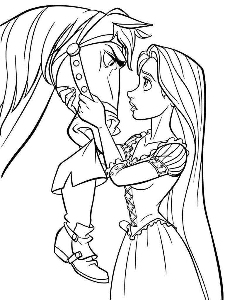 Desenho para colorir de Rapunzel olhando atentamente para um cavalo que retribui o olhar.