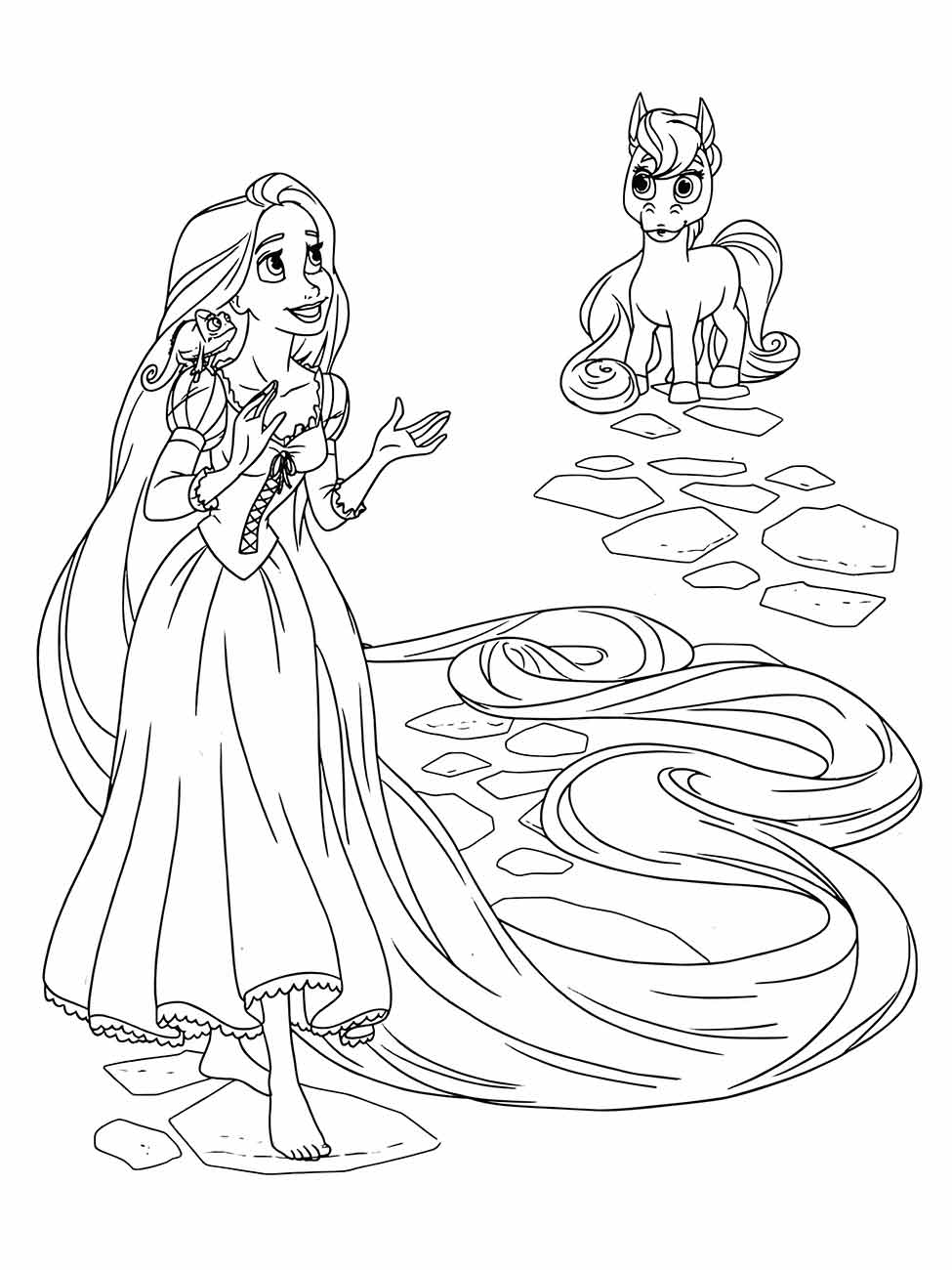 Desenho para colorir de Rapunzel com seu cabelo longo falando com um cavalo pequeno sobre um caminho de pedras.