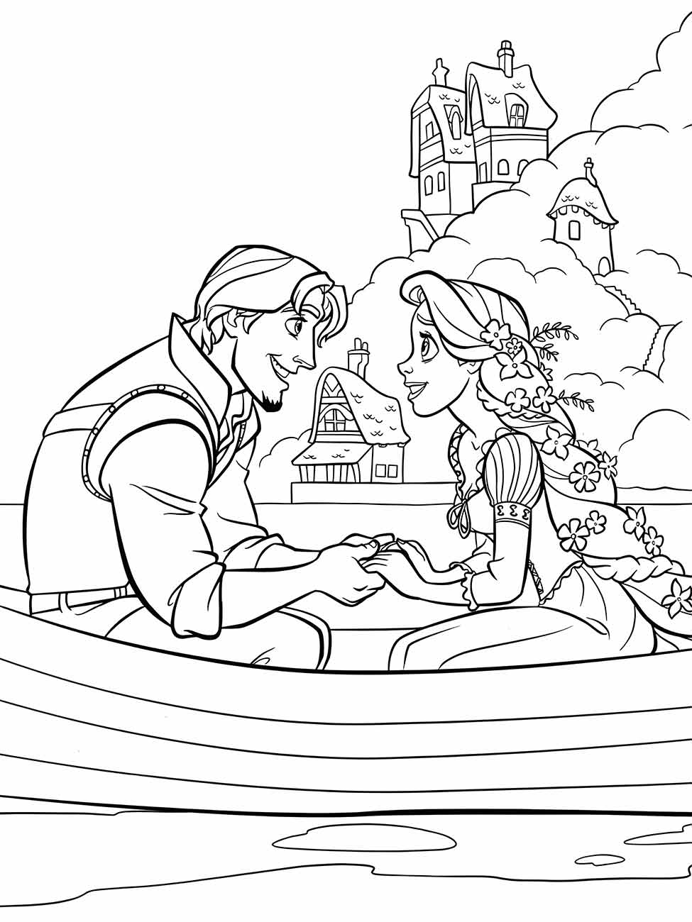 Desenho para colorir de Rapunzel e um jovem sorridente em um barco com casas ao fundo.