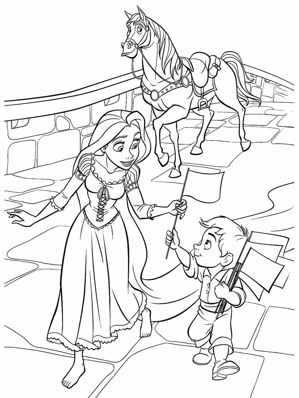 Desenho para colorir de Rapunzel na rua com um menino segurando umas bandeirolas e um cavalo ao fundo.