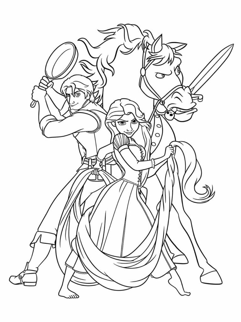 Desenho para colorir de Rapunzel e um jovem herói com uma frigideira e um cavalo empunhando uma espada.