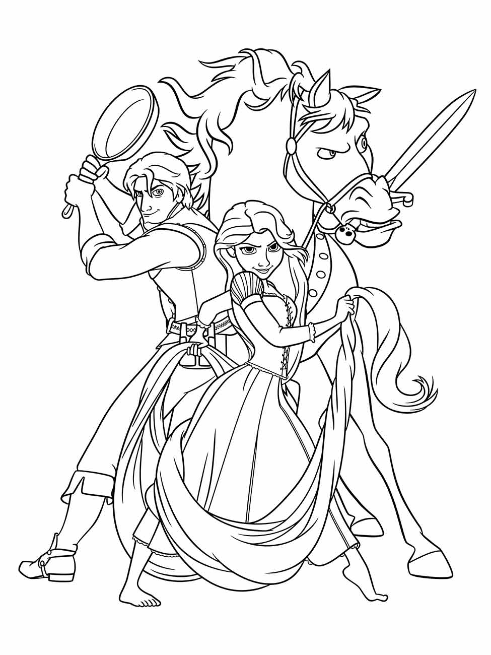 Desenho para colorir de Rapunzel e um jovem herói com uma frigideira e um cavalo empunhando uma espada.