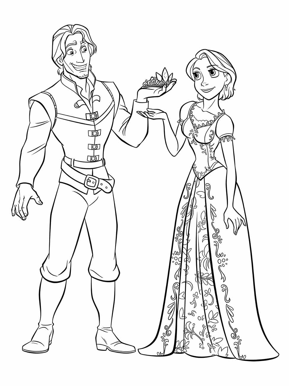 Desenho para colorir de Rapunzel e o jovem herói sorrindo com ele segurando uma coroa de flores.