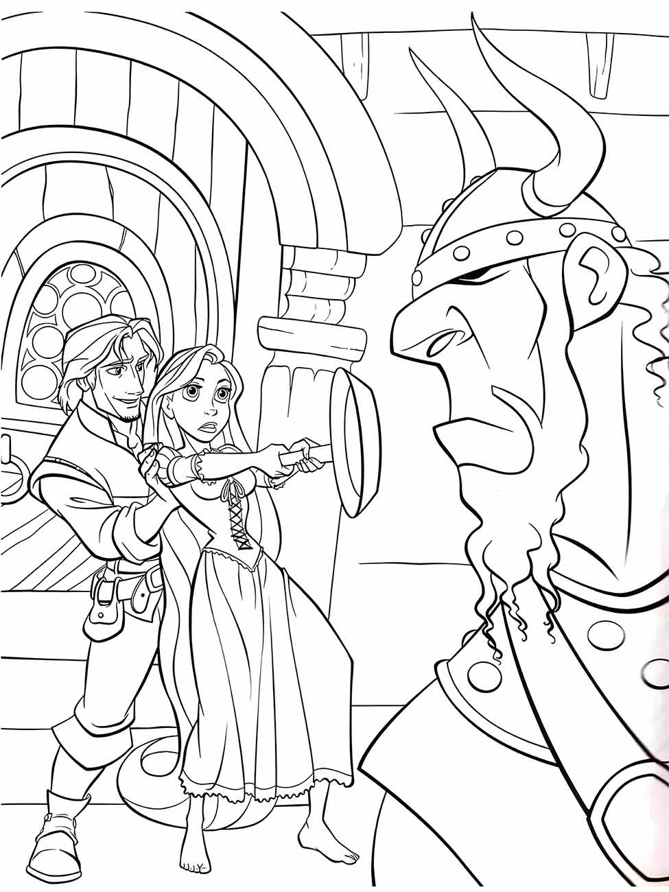 Desenho para colorir de Rapunzel e o jovem herói surpresos ao lado de um homem com uma máscara de cavalo.