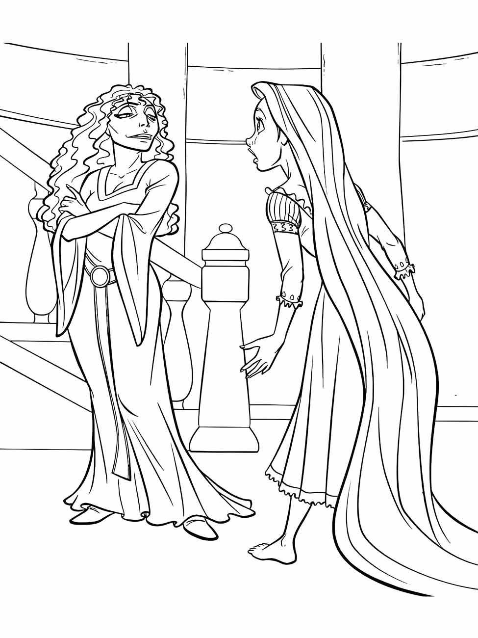 Desenho para colorir de Rapunzel surpresa olhando para Mãe Gothel A vilã da história.