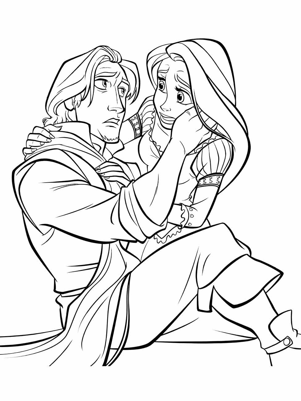 Desenho para colorir de Flynn Rider segurando o rosto de Rapunze.