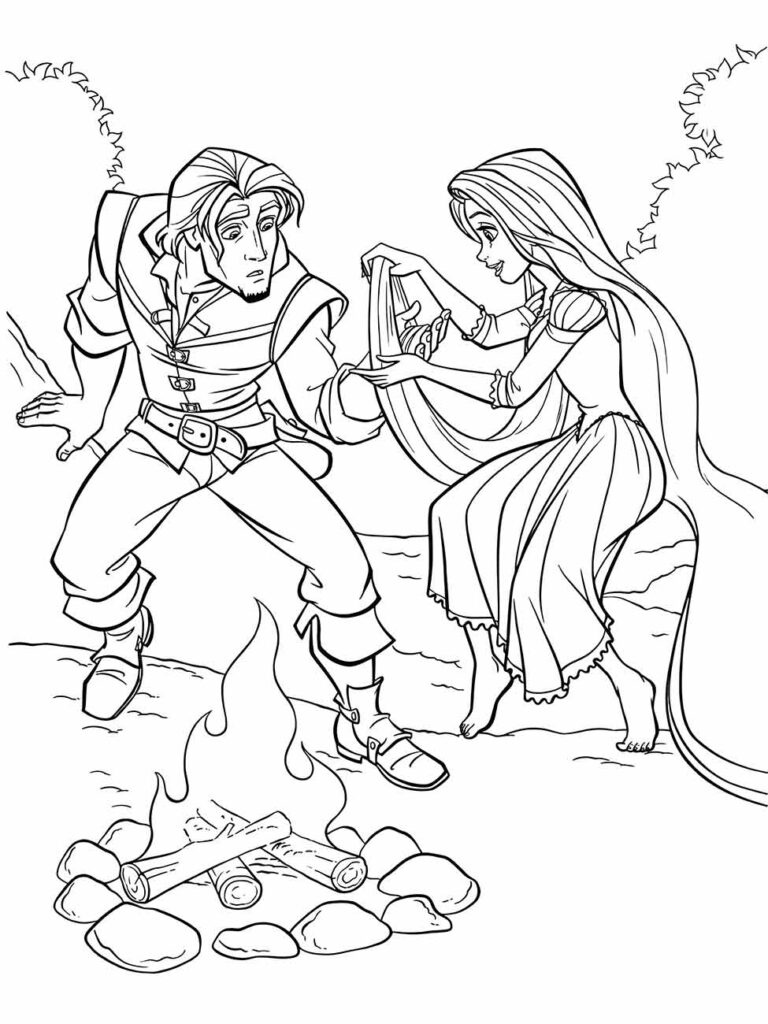 Desenho para colorir de Rapunzel empé ao lado de uma fogueira com Flynn Rider o ladrão que se envolve com Rapunzel e acaba se tornando seu parceiro.