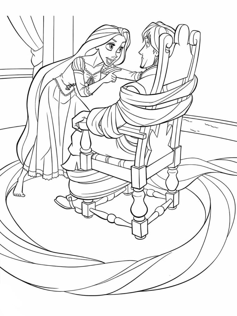 Desenho para colorir de Rapunzel falando com Flynn Rider amarrado em uma cadeira.